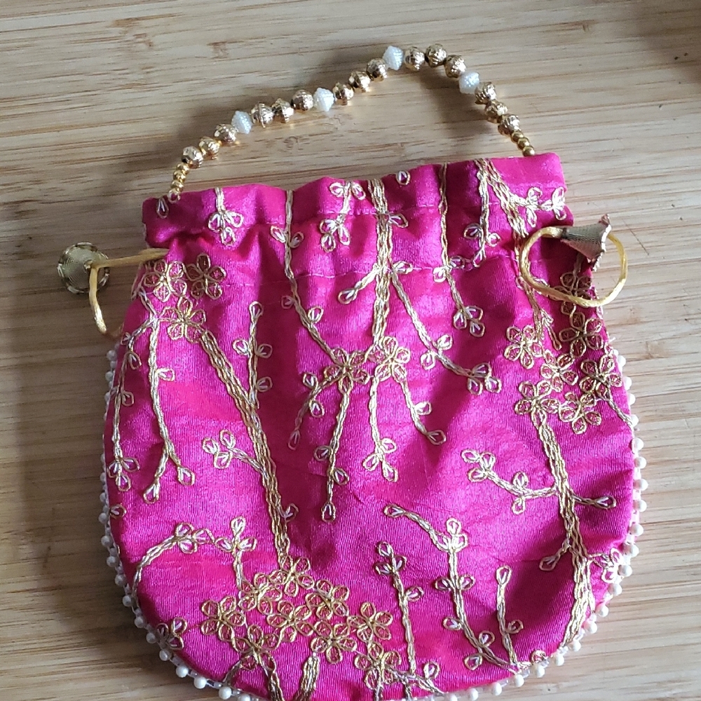 Pink Embroidered Drawstring Wristlet Bag - Picture 6 of 7